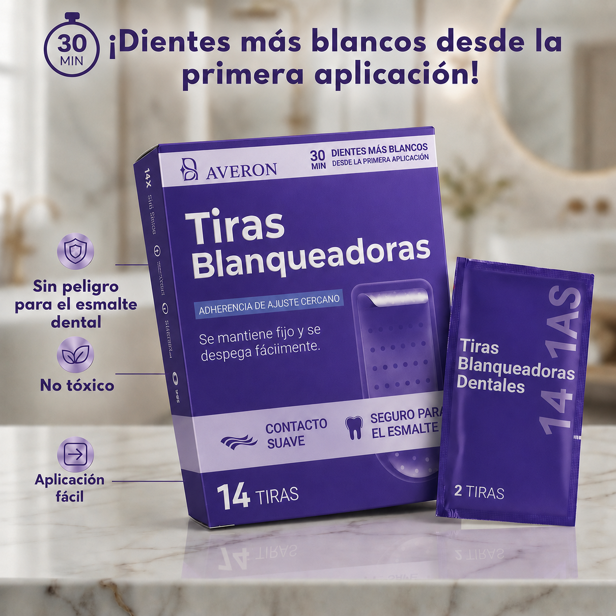 Tiras violetas Blanqueadoras, Sonrisa blanca en minutos.